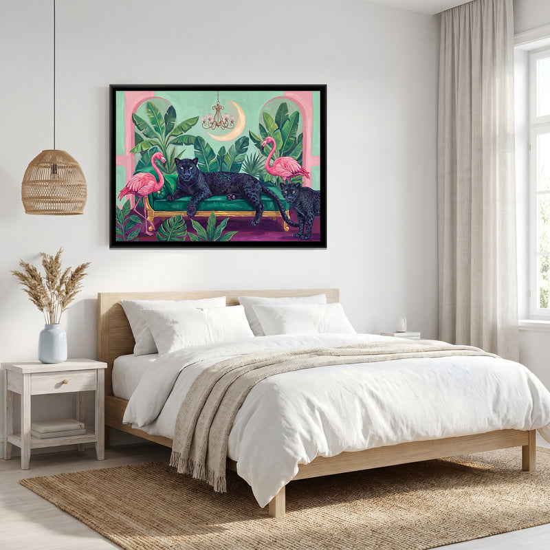 Black Panthers and Flamingos on an Emerald Sofa - canvas art shown in a second room setting