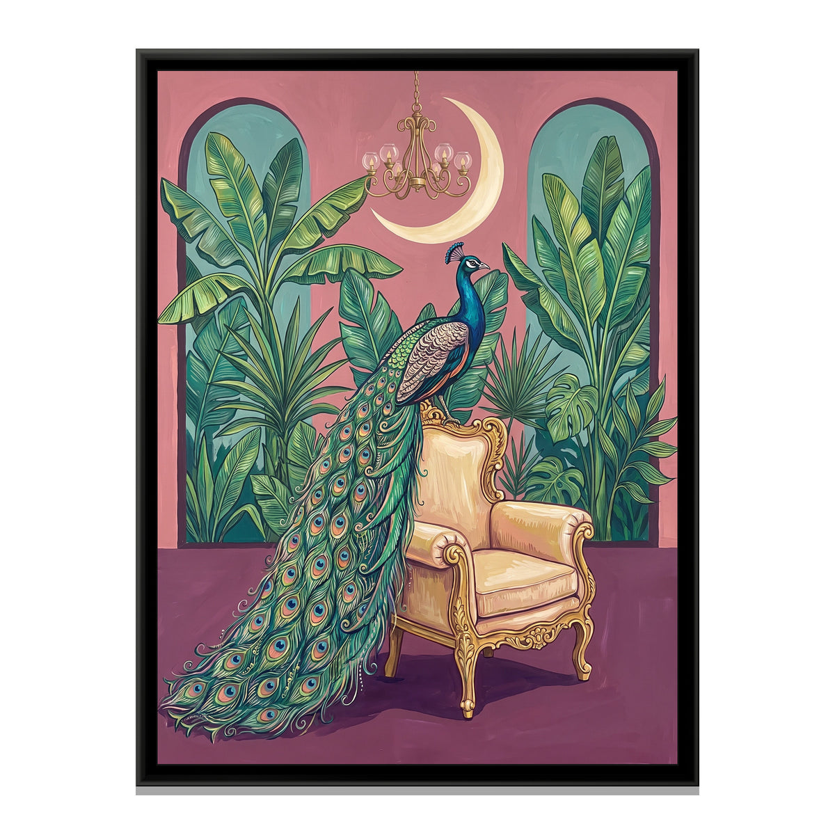 Peacock on a Gilded Armchair - framed canvas print, front view