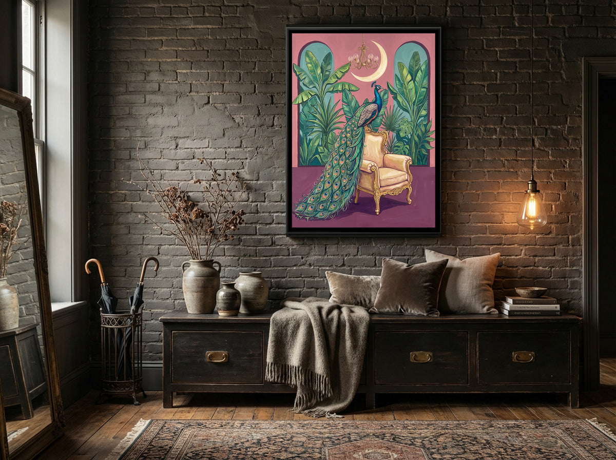 Peacock on a Gilded Armchair - canvas art shown in a second room setting