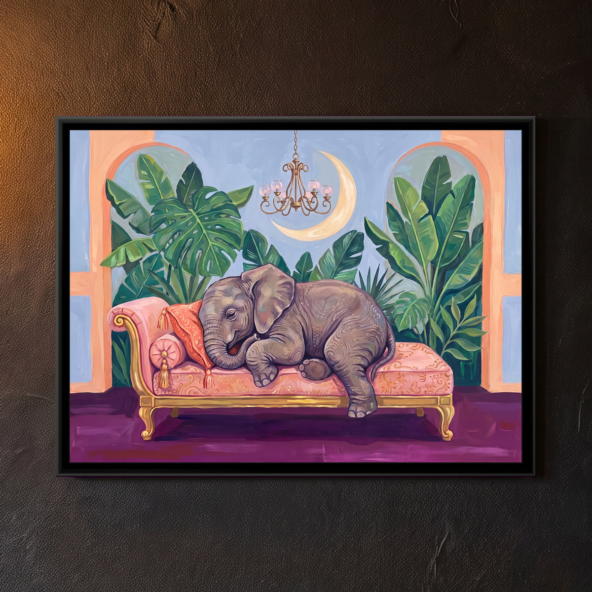 Baby Elephant Asleep on a Blush Chaise - framed canvas art hung on a wall