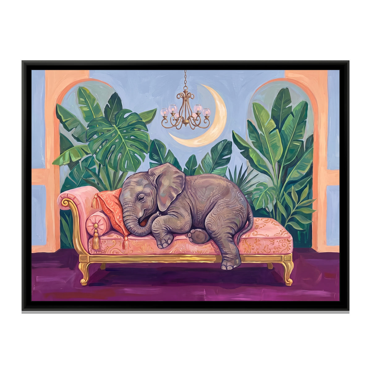 Baby Elephant Asleep on a Blush Chaise - framed canvas print, front view