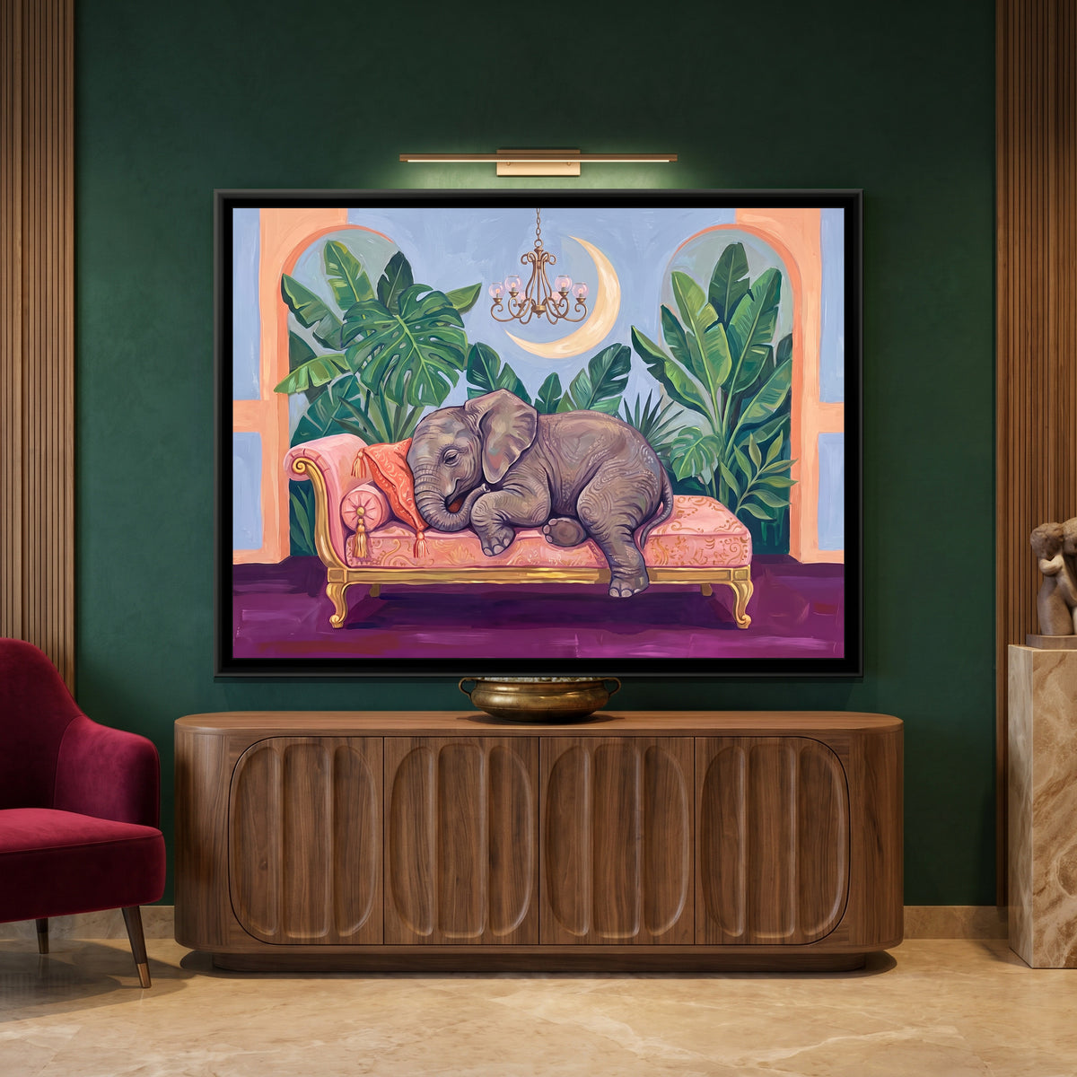 Baby Elephant Asleep on a Blush Chaise - canvas art shown in a styled room