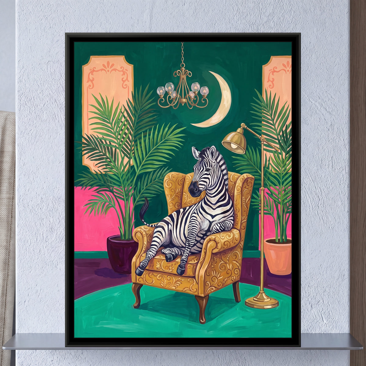Zebra in a Mustard Wingback Armchair - framed canvas art hung on a wall