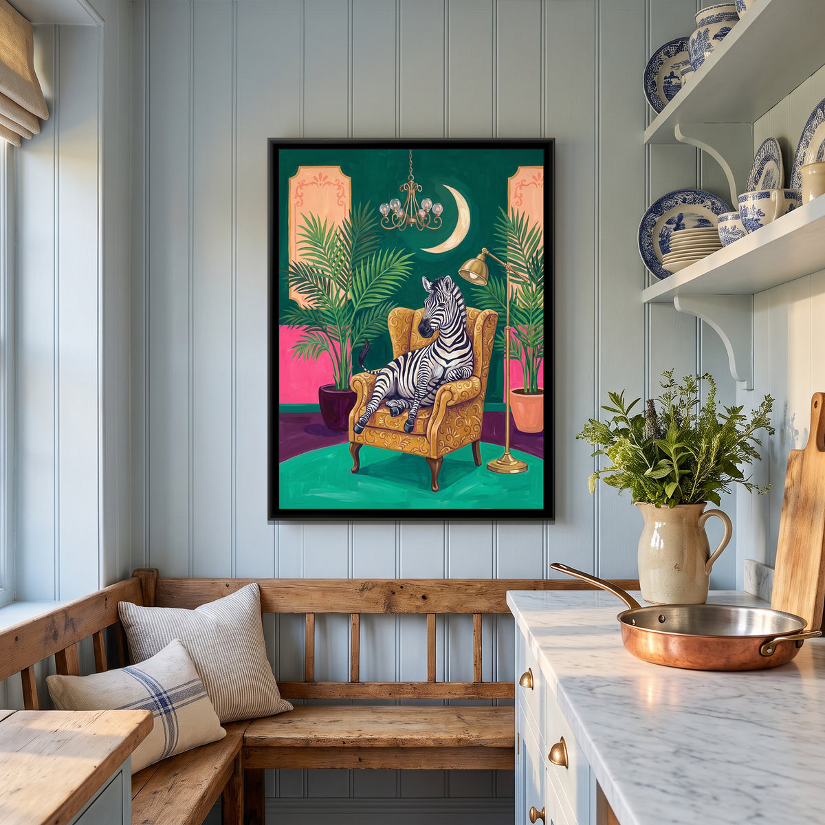 Zebra in a Mustard Wingback Armchair - canvas art shown in a second room setting