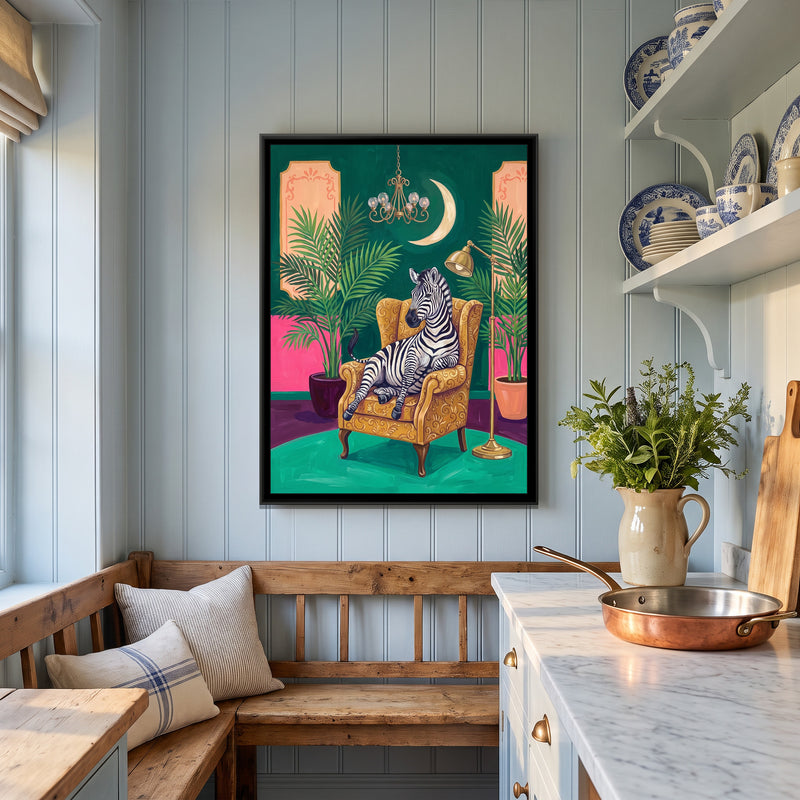 Zebra in a Mustard Wingback Armchair - canvas art shown in a second room setting