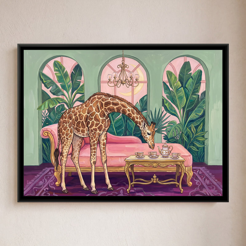 Giraffe at Tea in the Conservatory - framed canvas art hung on a wall