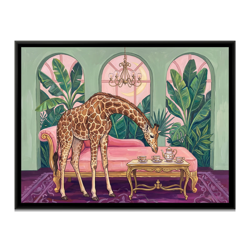 Giraffe at Tea in the Conservatory - framed canvas print, front view