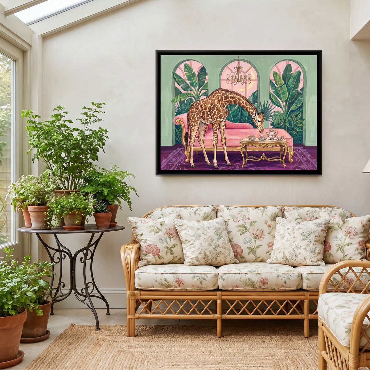 Giraffe at Tea in the Conservatory - canvas art shown in a styled room