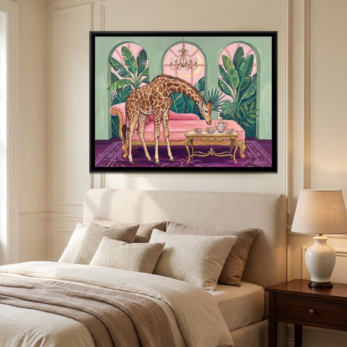 Giraffe at Tea in the Conservatory - canvas art shown in a second room setting