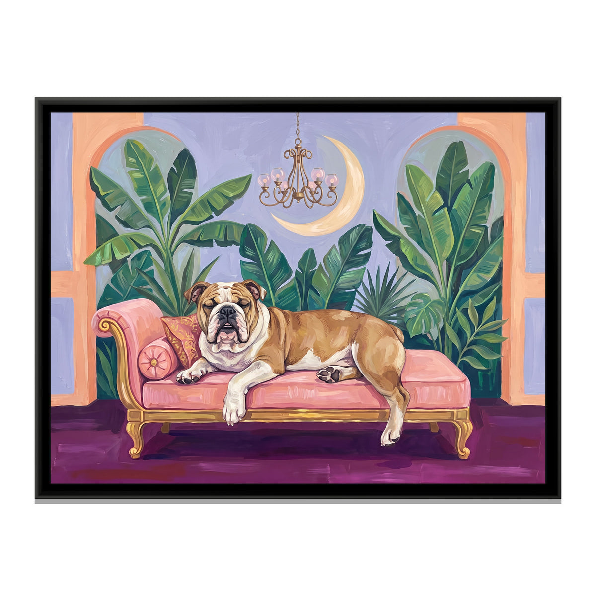 Bulldog on a Blush Daybed - framed canvas print, front view