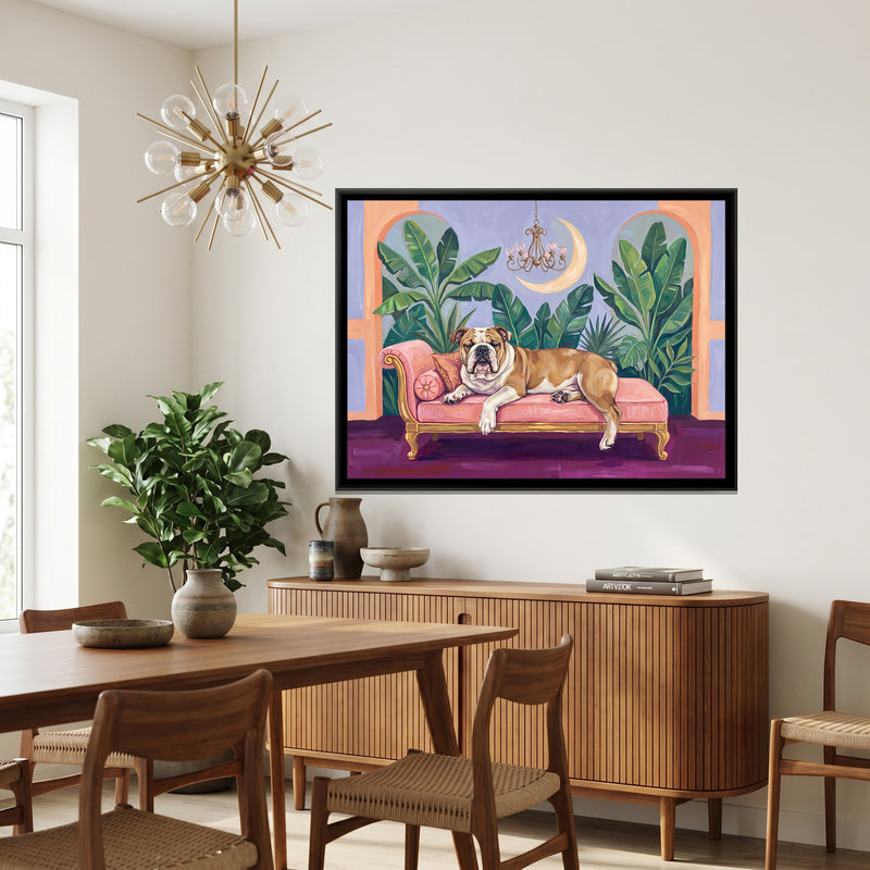 Bulldog on a Blush Daybed - canvas art shown in a styled room