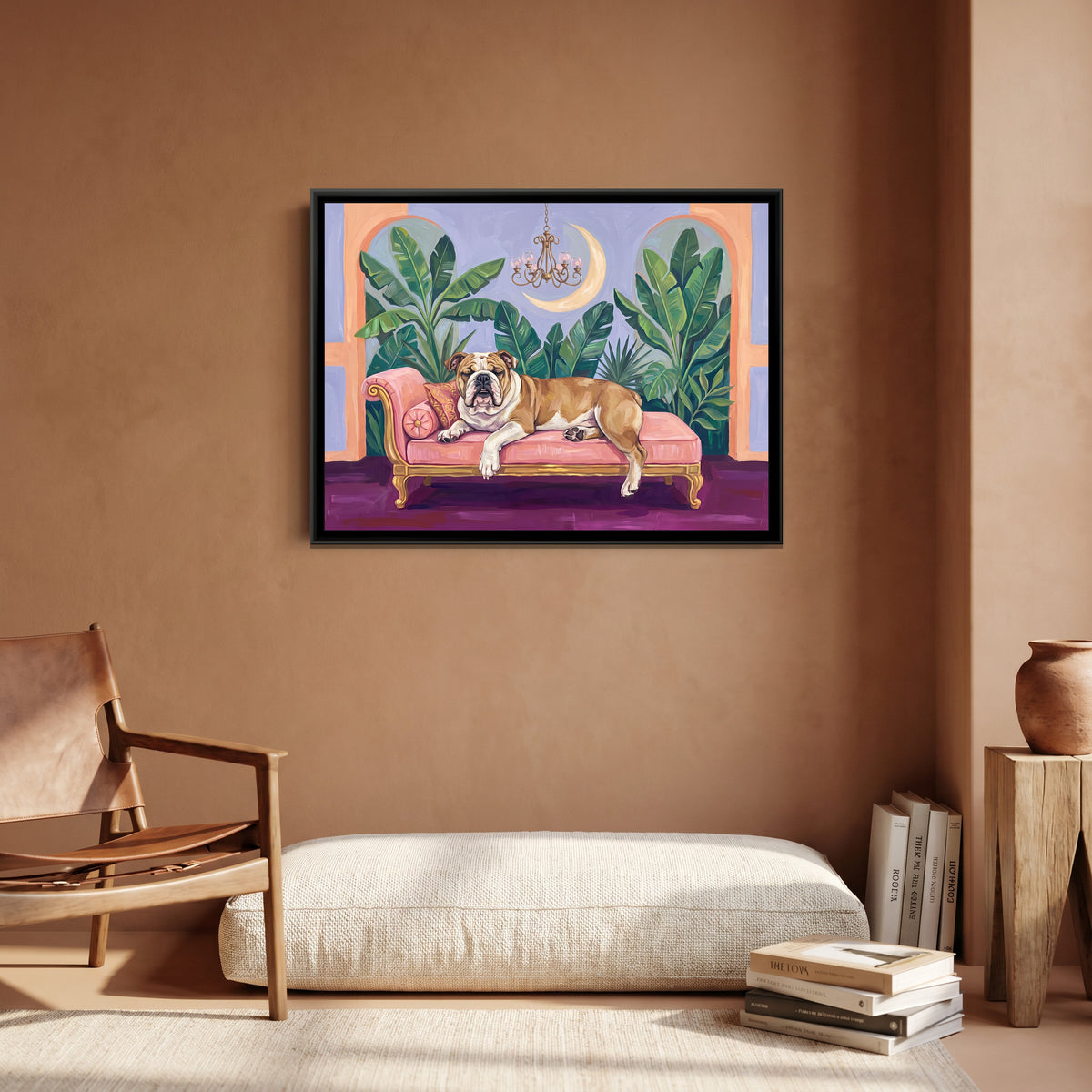 Bulldog on a Blush Daybed - canvas art shown in a second room setting