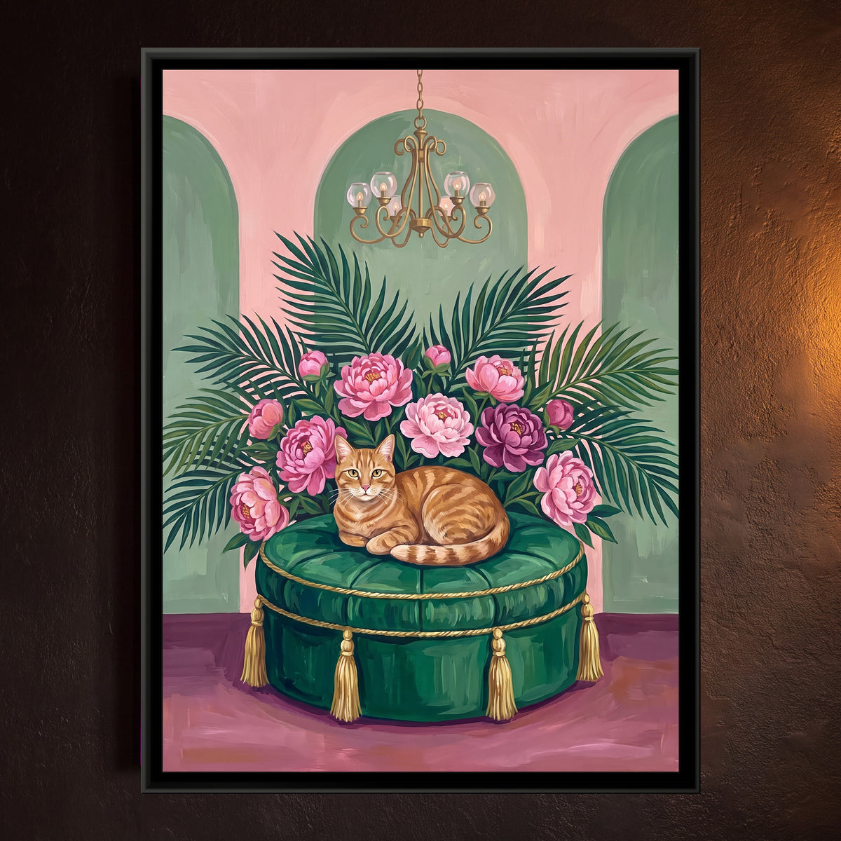 Ginger Cat on an Emerald Ottoman - framed canvas art hung on a wall
