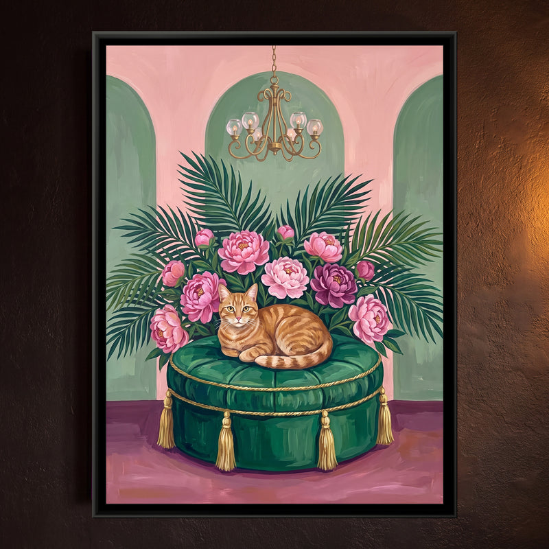 Ginger Cat on an Emerald Ottoman - framed canvas art hung on a wall