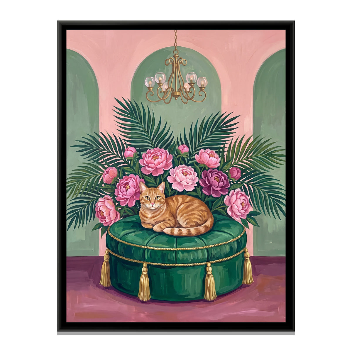 Ginger Cat on an Emerald Ottoman - framed canvas print, front view