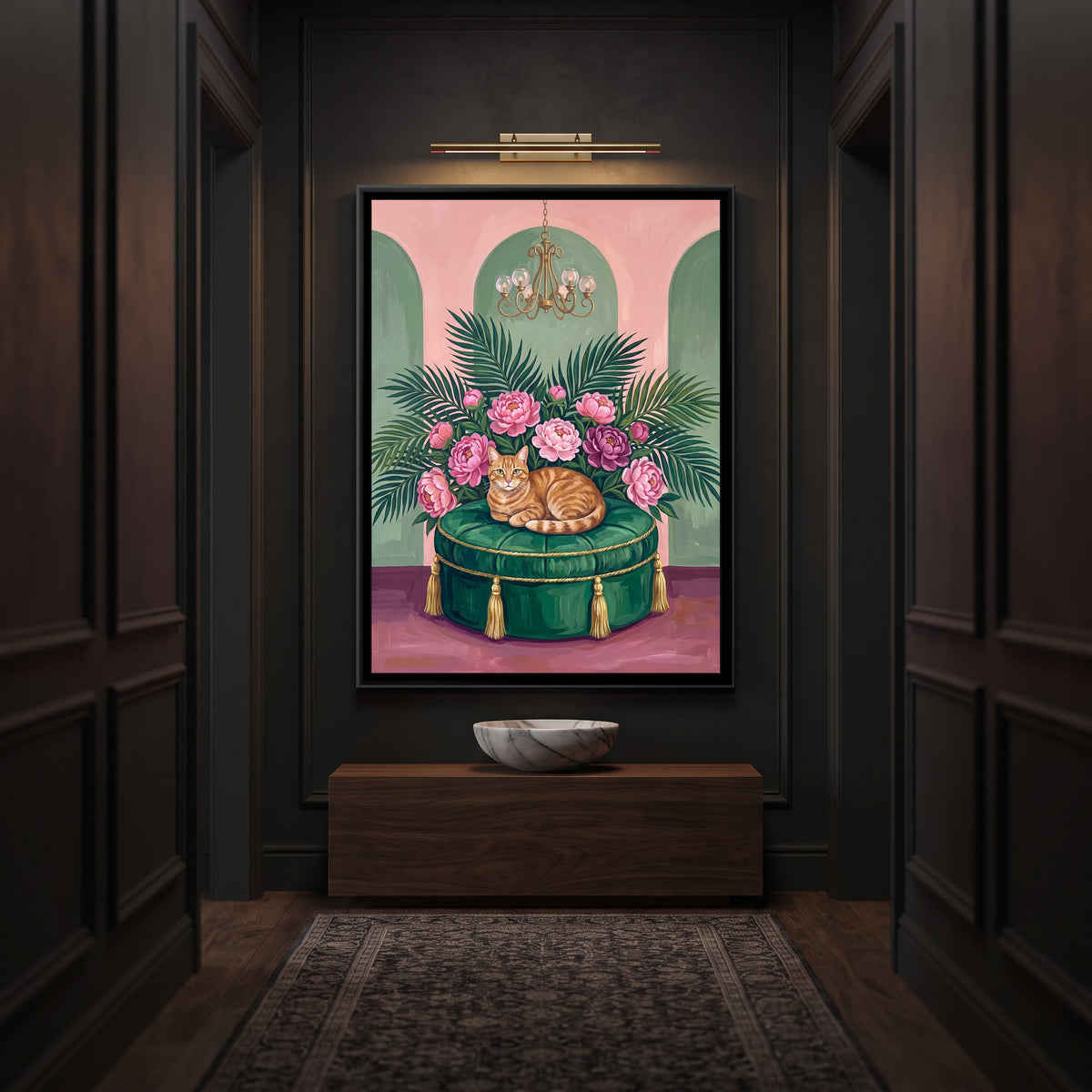 Ginger Cat on an Emerald Ottoman - canvas art shown in a styled room