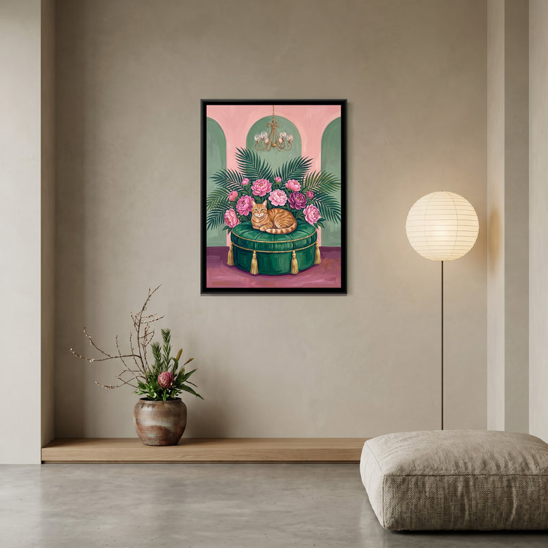 Ginger Cat on an Emerald Ottoman - canvas art shown in a second room setting