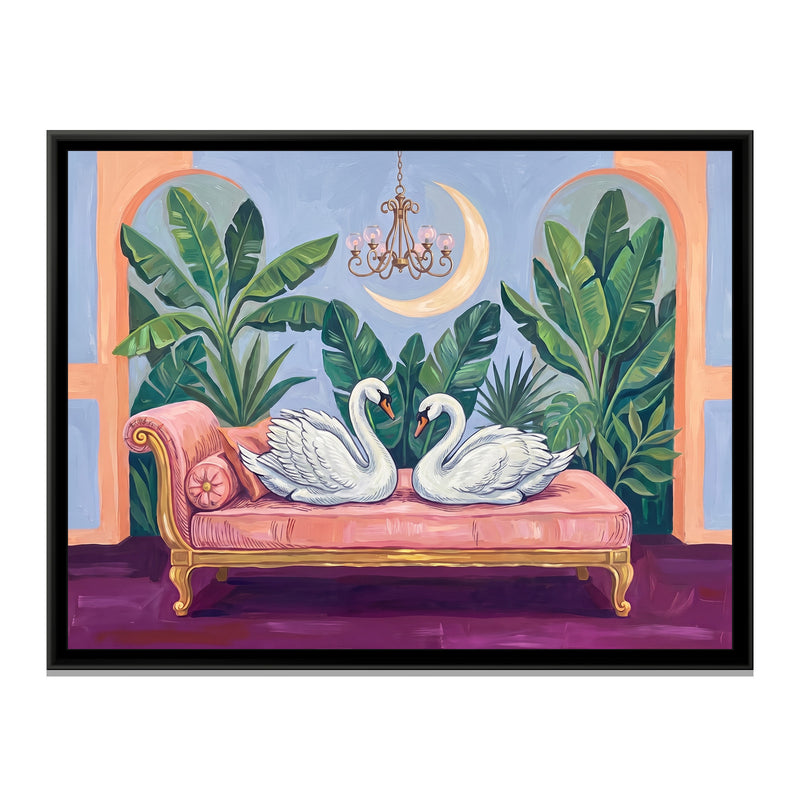 Two Swans on a Blush Chaise - framed canvas print, front view