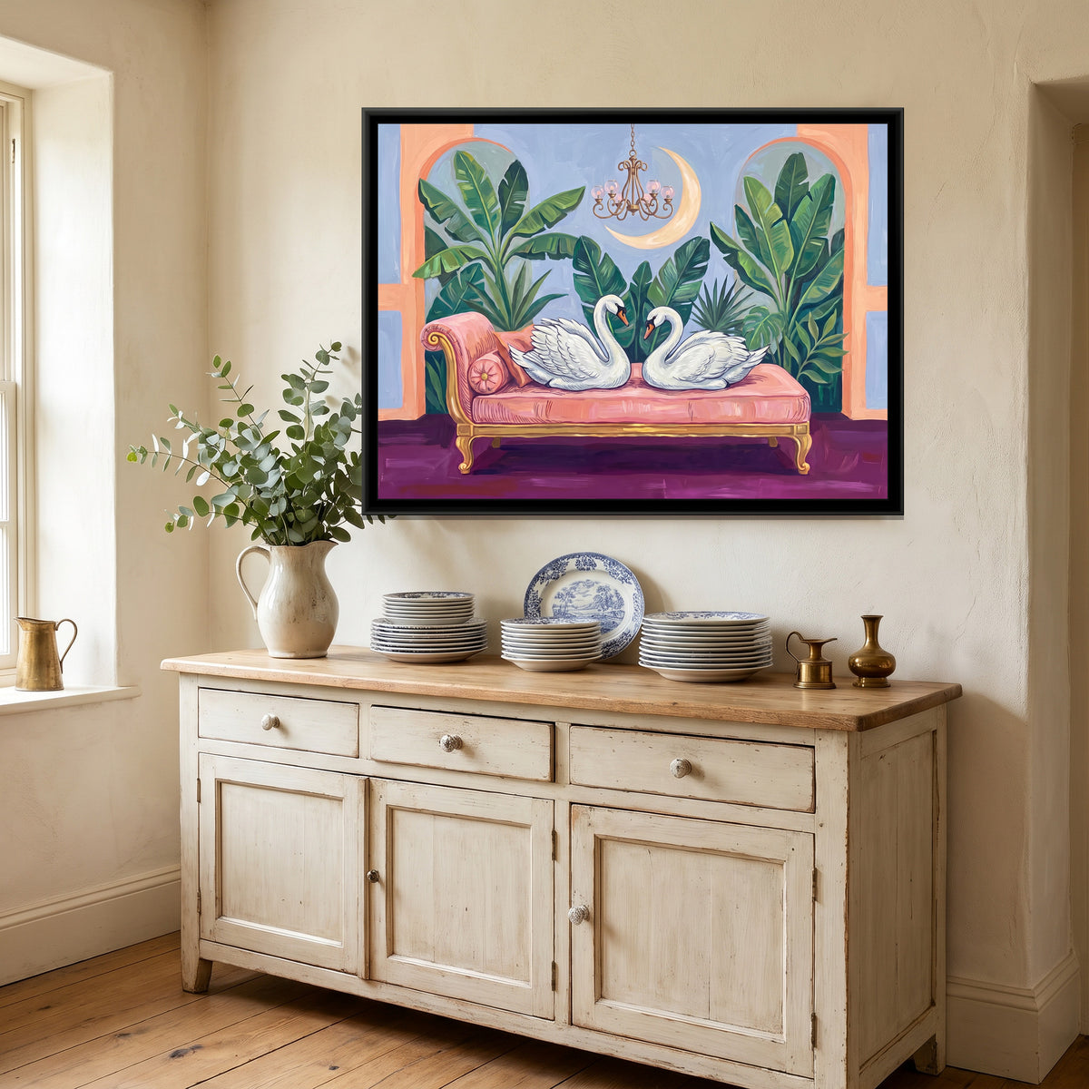 Two Swans on a Blush Chaise - canvas art shown in a second room setting