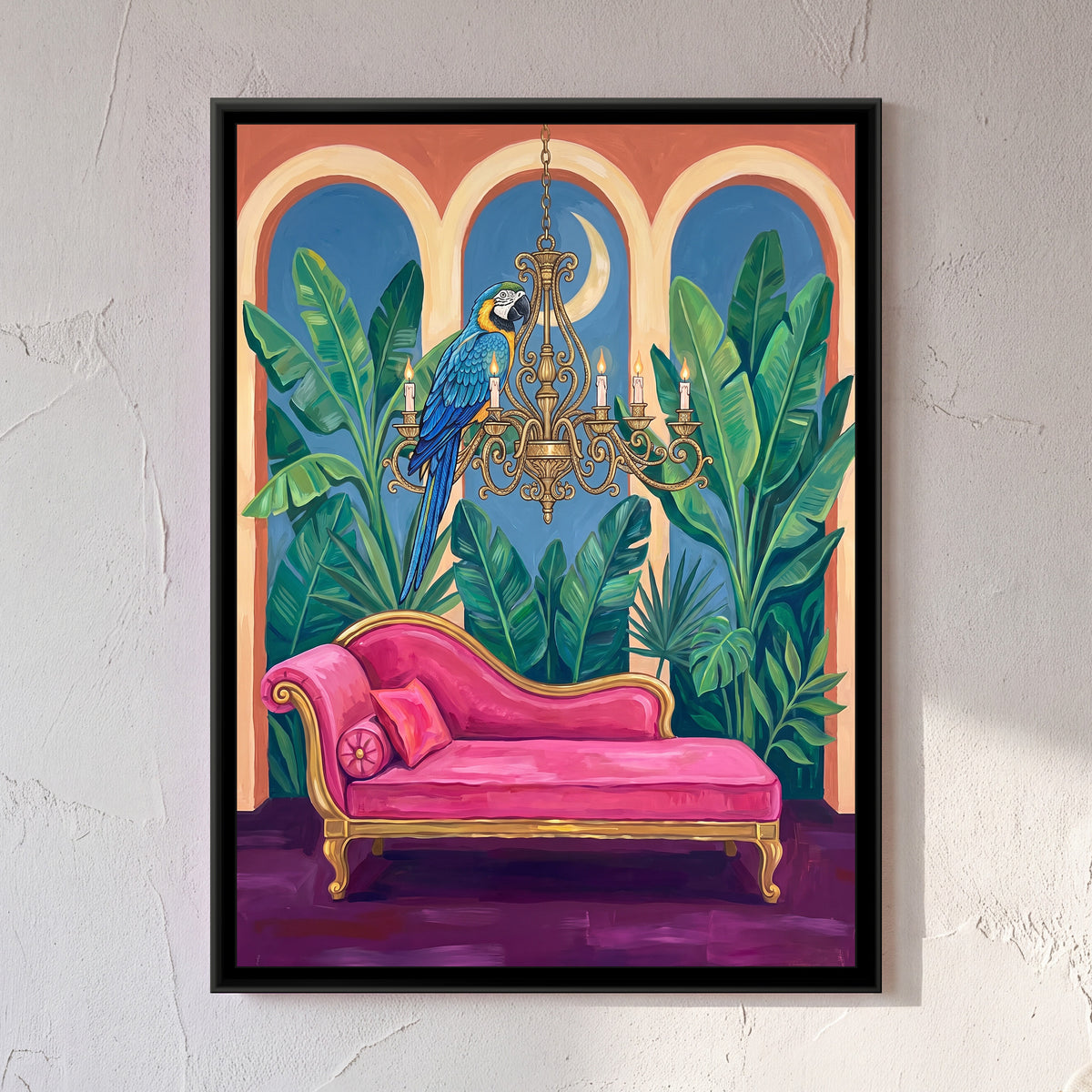 Macaw on a Gilded Chandelier - framed canvas art hung on a wall