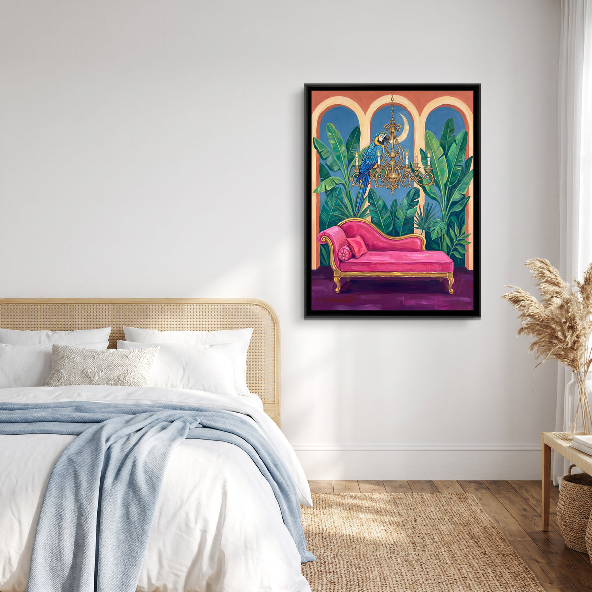 Macaw on a Gilded Chandelier - canvas art shown in a styled room