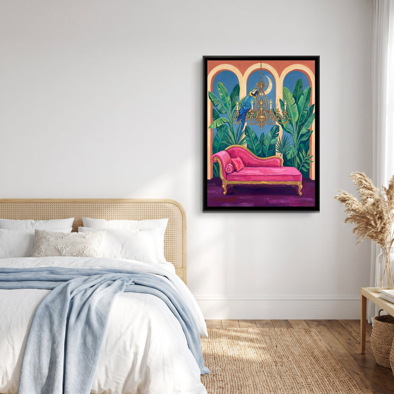 Macaw on a Gilded Chandelier - canvas art shown in a styled room