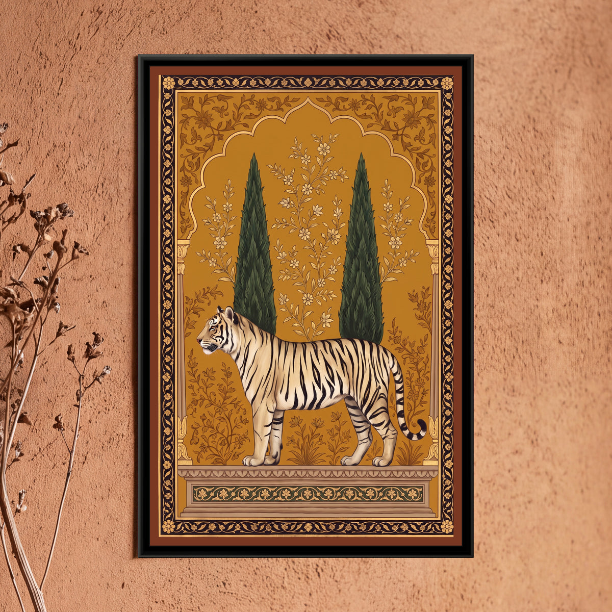 White Tiger under a Cypress Arch in Deep Ochre - framed canvas art hung on a wall
