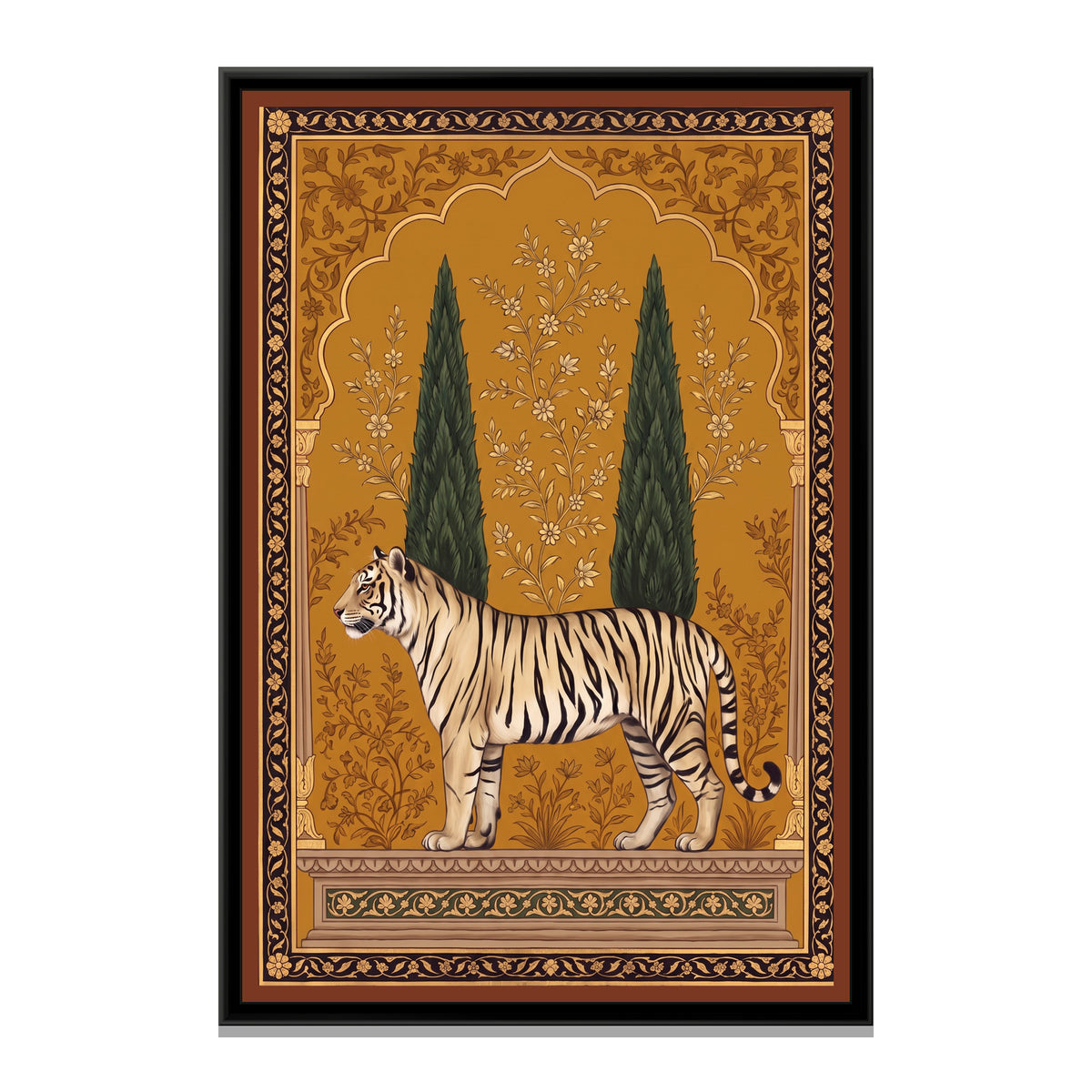 White Tiger under a Cypress Arch in Deep Ochre - framed canvas print, front view