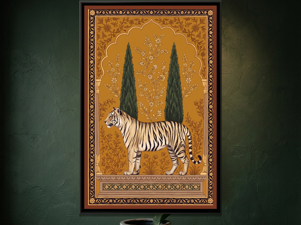 White Tiger under a Cypress Arch in Deep Ochre - canvas art shown in a styled room