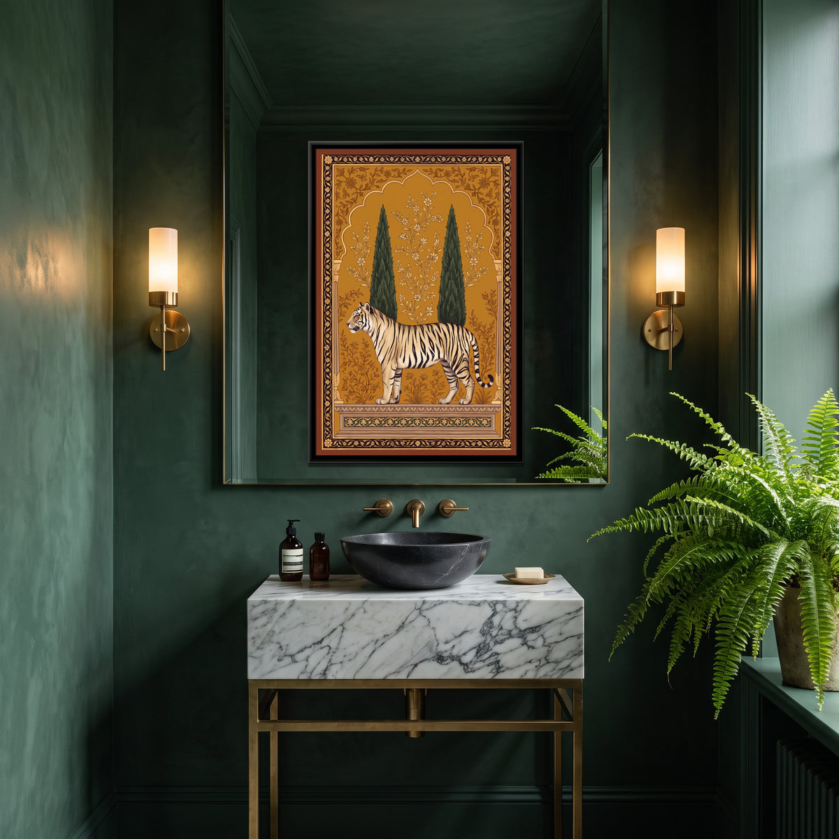 White Tiger under a Cypress Arch in Deep Ochre - canvas art shown in a second room setting