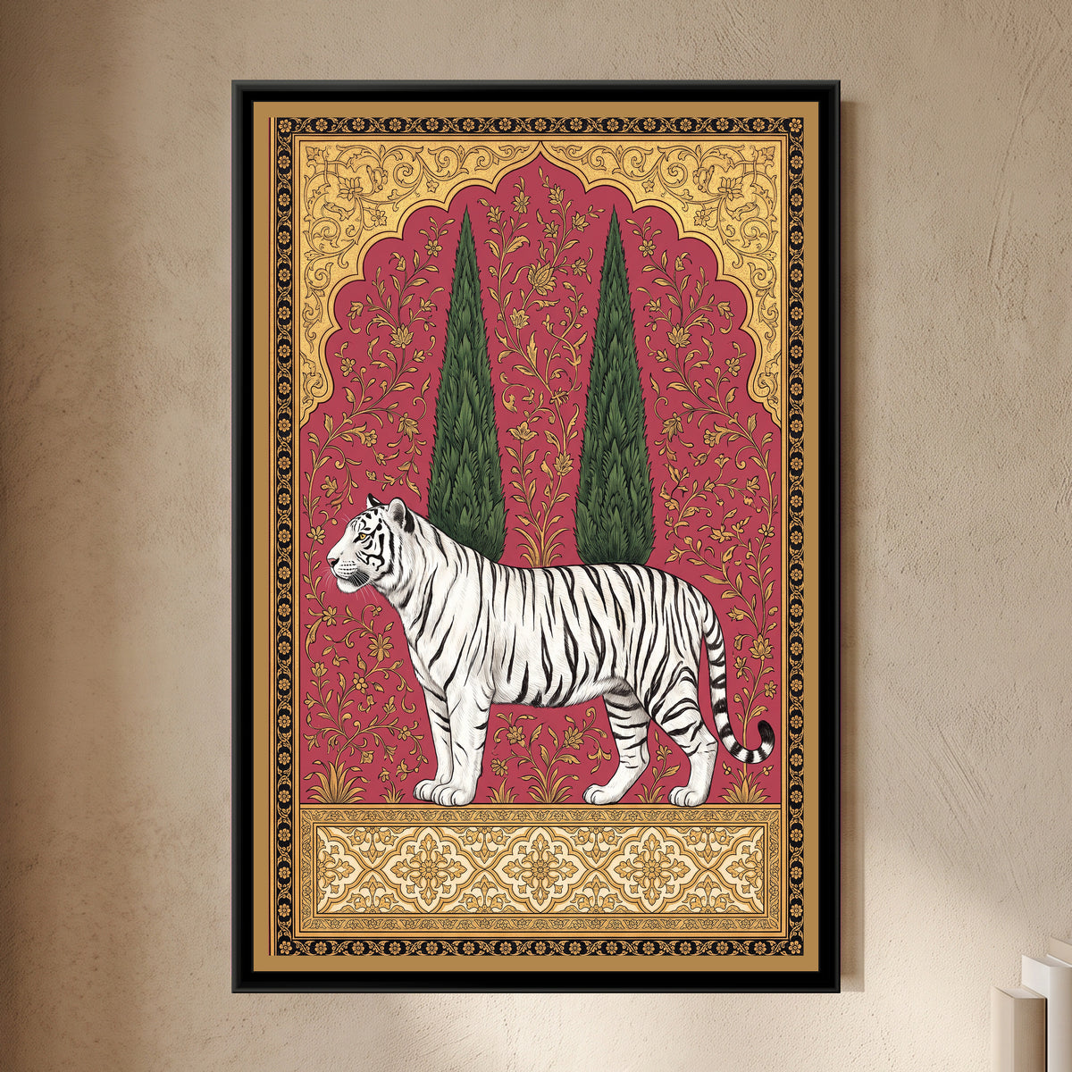 White Tiger under a Cypress Arch in Rose Madder - framed canvas art hung on a wall
