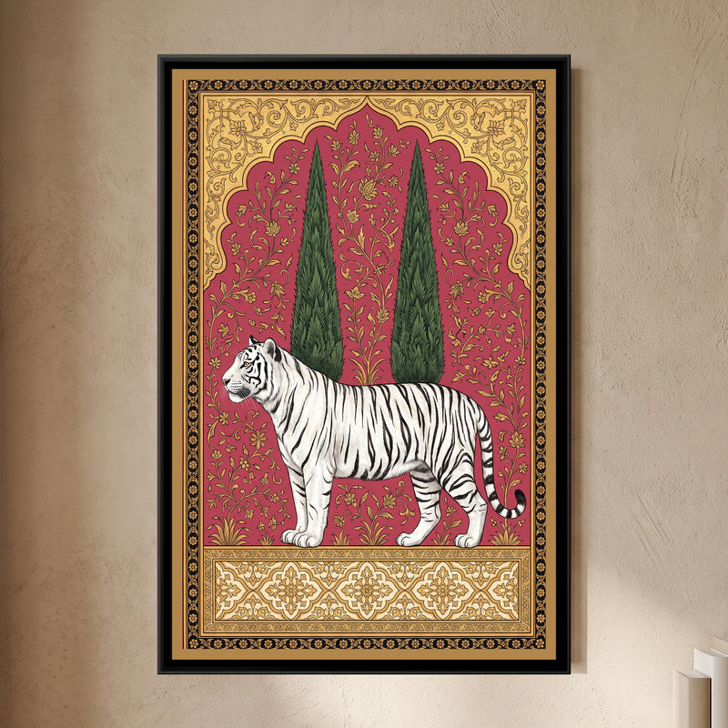 White Tiger under a Cypress Arch in Rose Madder - framed canvas art hung on a wall