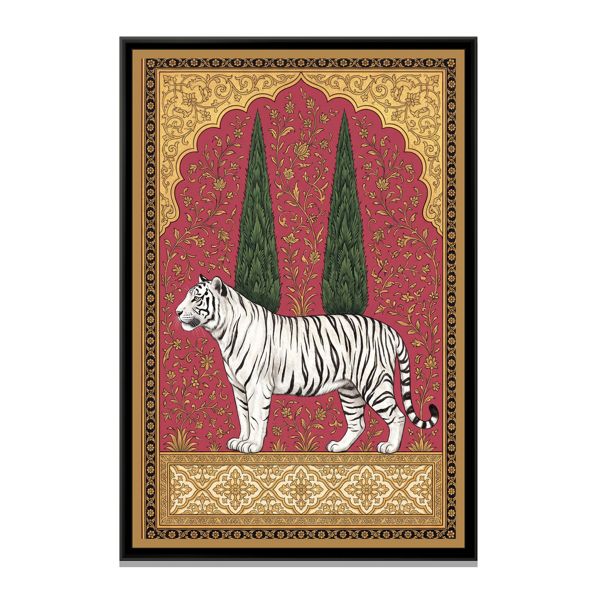 White Tiger under a Cypress Arch in Rose Madder - framed canvas print, front view