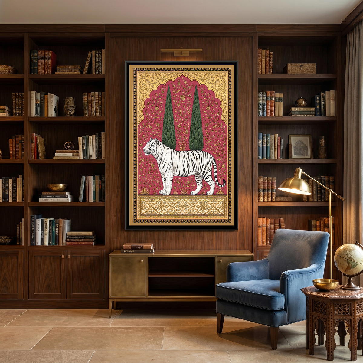White Tiger under a Cypress Arch in Rose Madder - canvas art shown in a styled room
