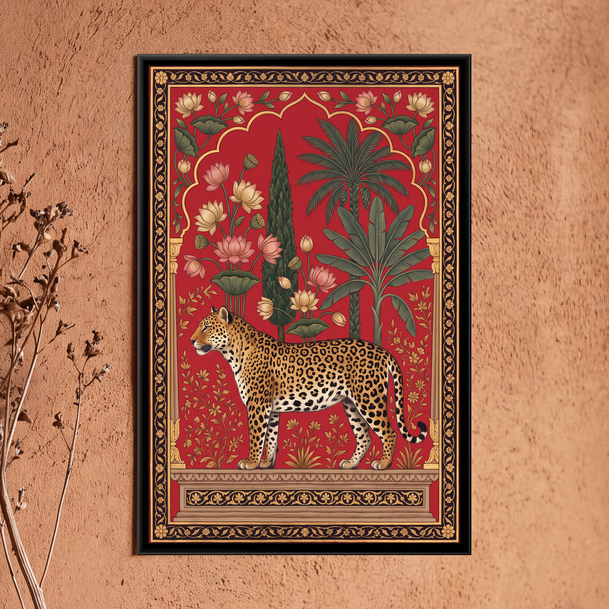 Leopard under a Lotus Arch in Crimson - framed canvas art hung on a wall