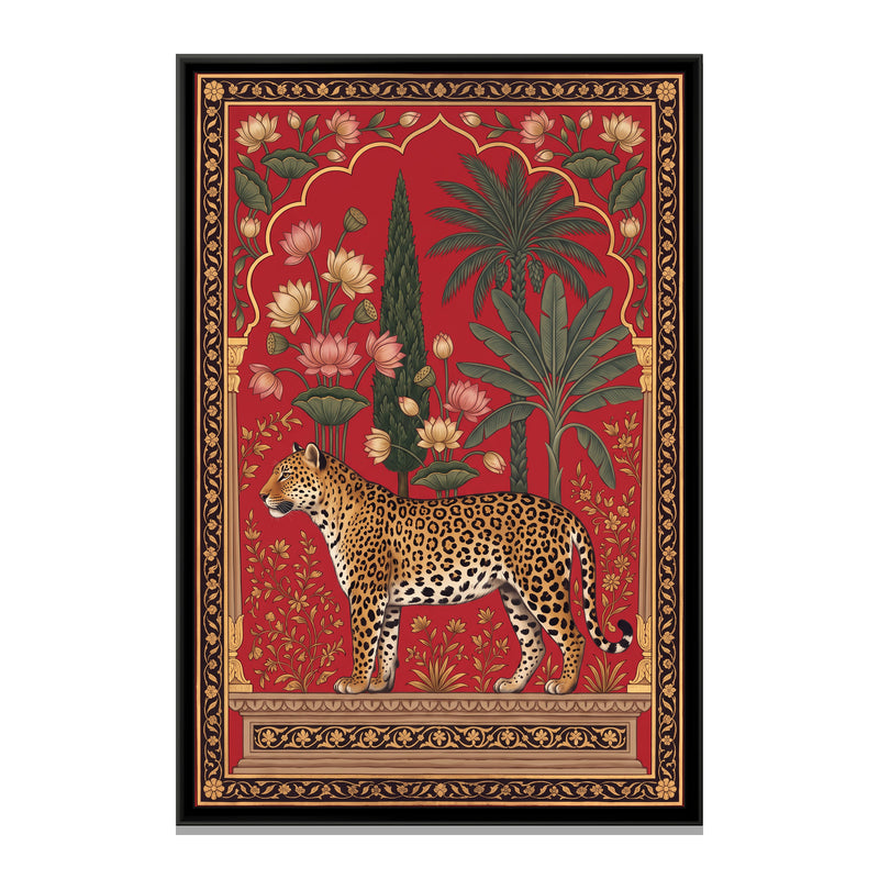 Leopard under a Lotus Arch in Crimson - framed canvas print, front view