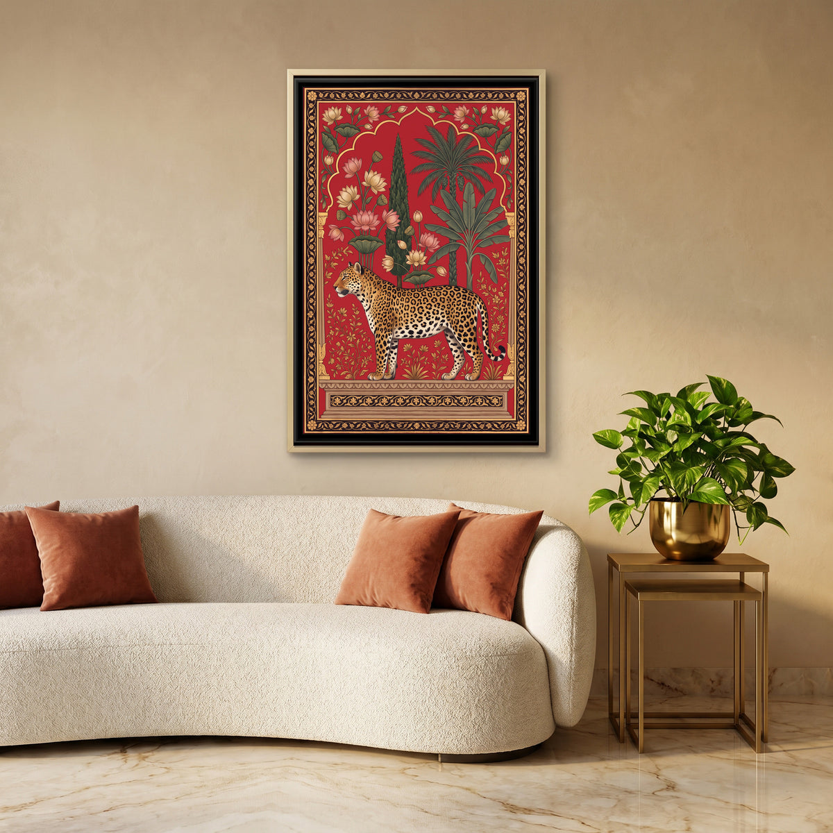 Leopard under a Lotus Arch in Crimson - canvas art shown in a styled room