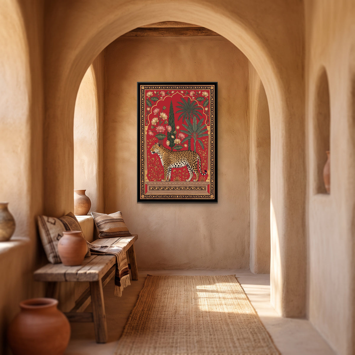 Leopard under a Lotus Arch in Crimson - canvas art shown in a second room setting