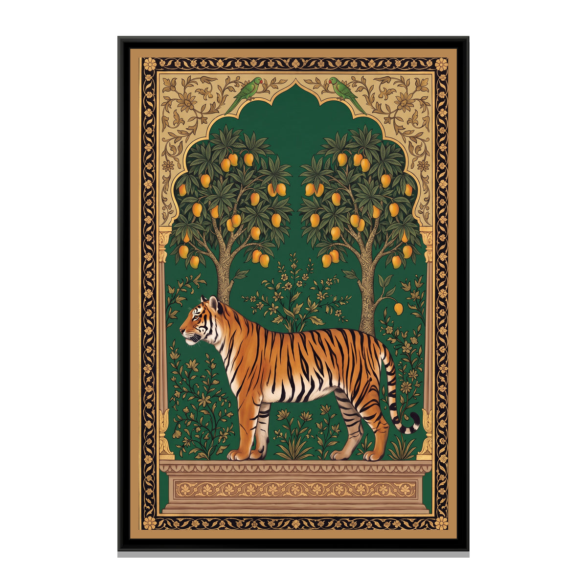 Bengal Tiger under a Mango-Tree Arch in Deep Emerald - framed canvas print, front view