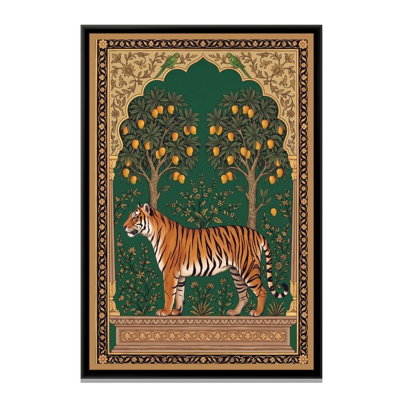 Bengal Tiger under a Mango-Tree Arch in Deep Emerald - framed canvas print, front view