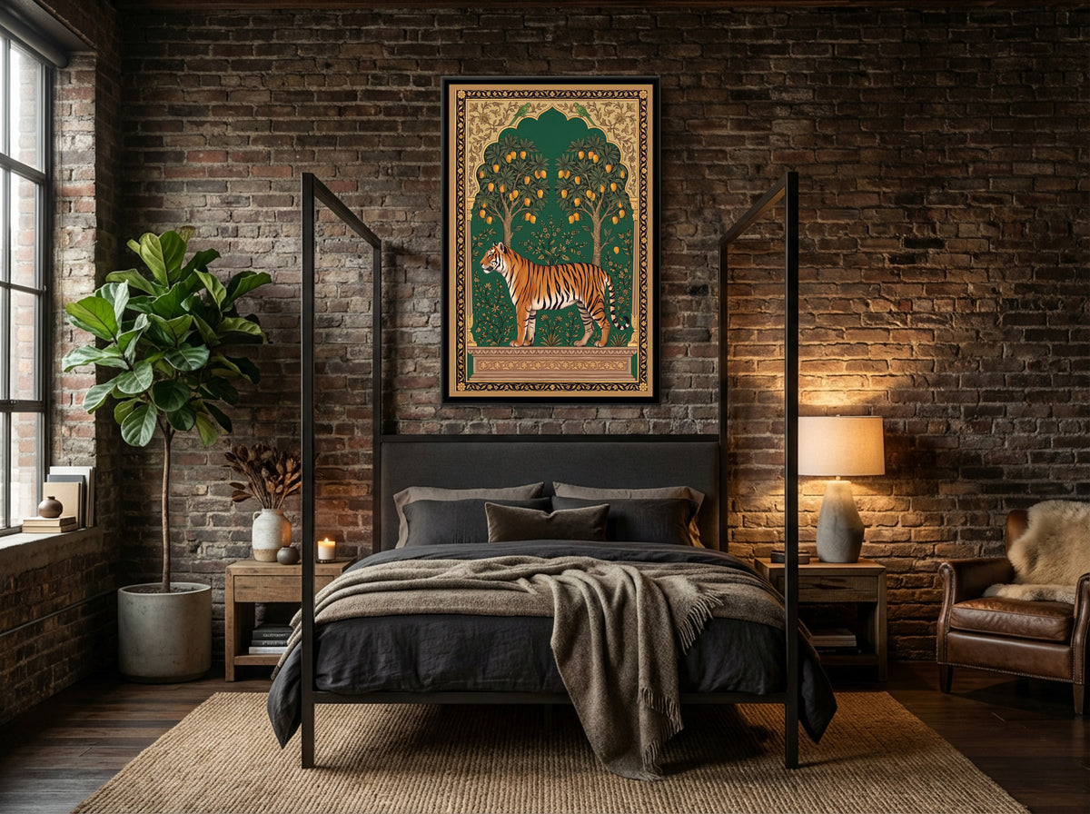Bengal Tiger under a Mango-Tree Arch in Deep Emerald - canvas art shown in a second room setting