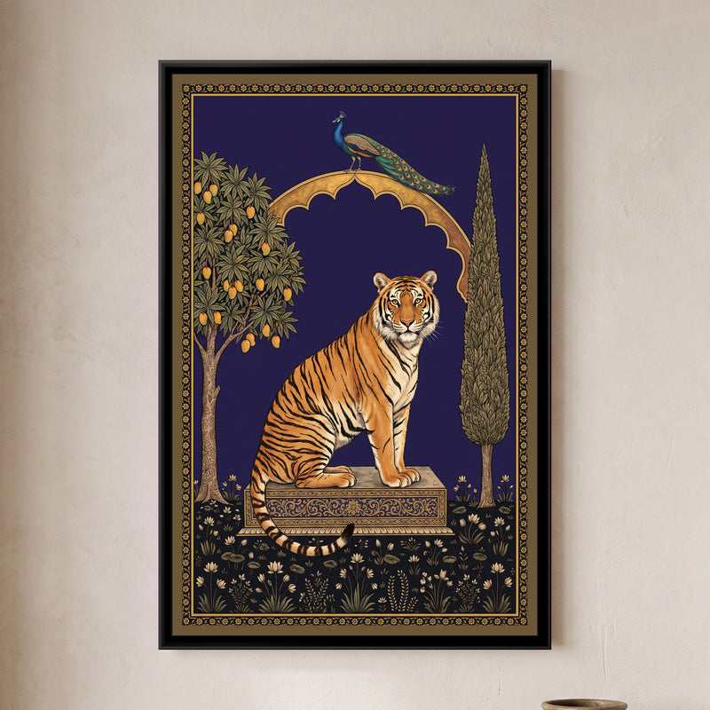 Bengal Tiger under a Mango-Tree Arch in Deep Indigo - framed canvas art hung on a wall