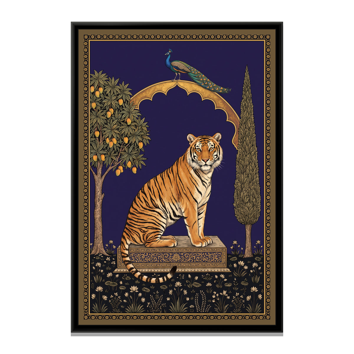 Bengal Tiger under a Mango-Tree Arch in Deep Indigo - framed canvas print, front view