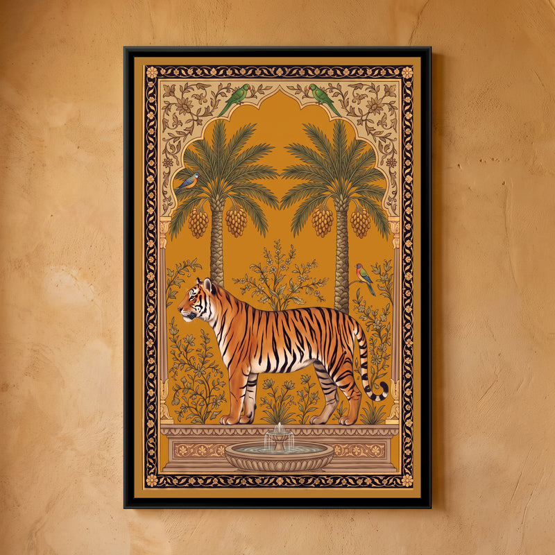 Bengal Tiger under a Mango-Tree Arch in Saffron - framed canvas art hung on a wall