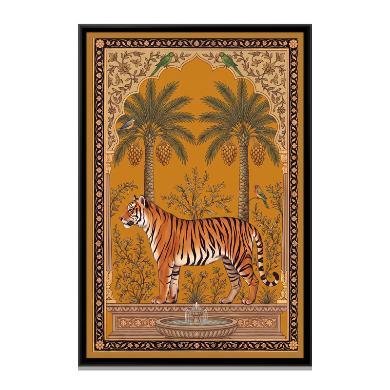 Bengal Tiger under a Mango-Tree Arch in Saffron - framed canvas print, front view