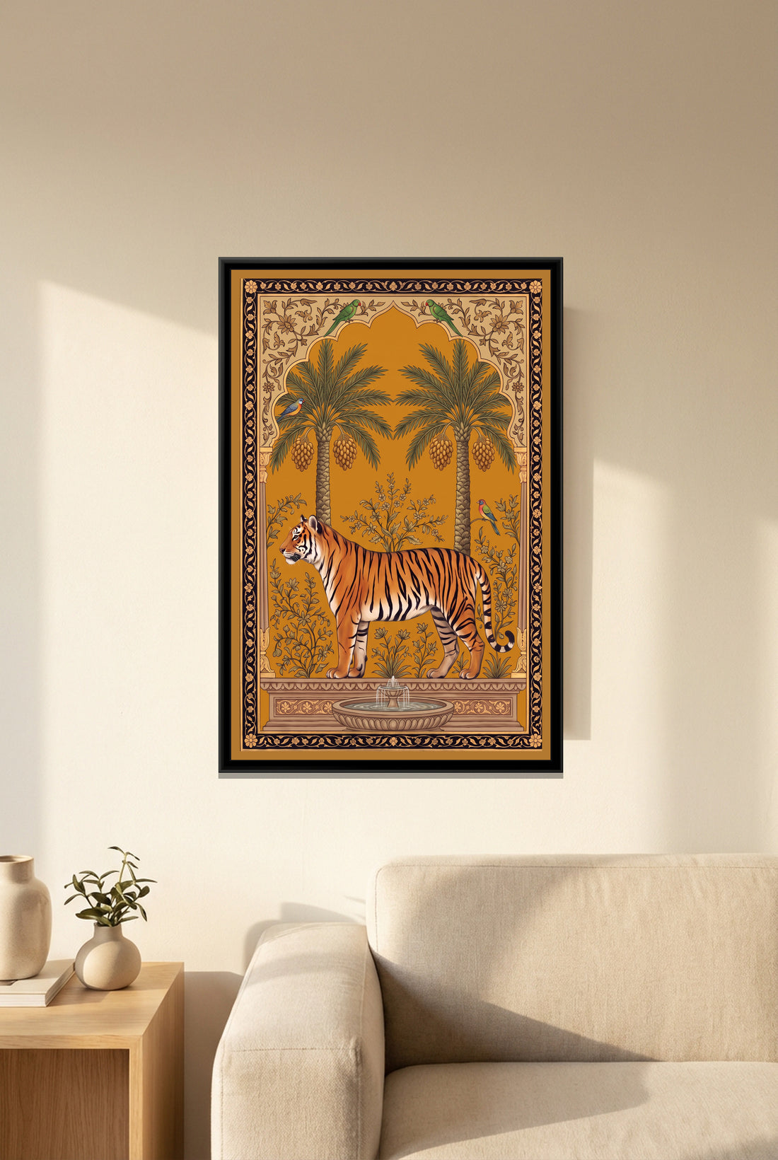 A Kolorkaari canvas in a floater frame, in a room