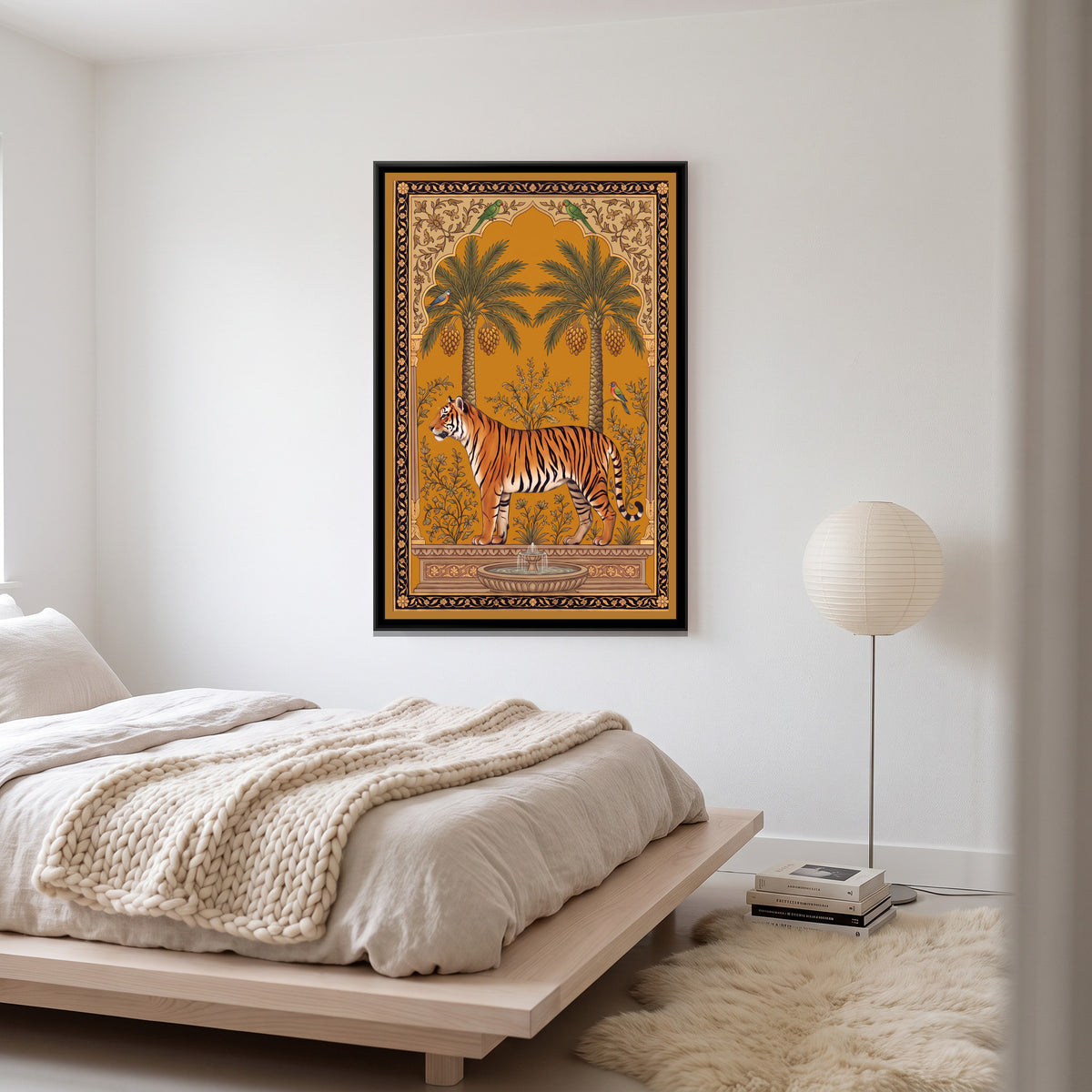 Bengal Tiger under a Mango-Tree Arch in Saffron - canvas art shown in a second room setting