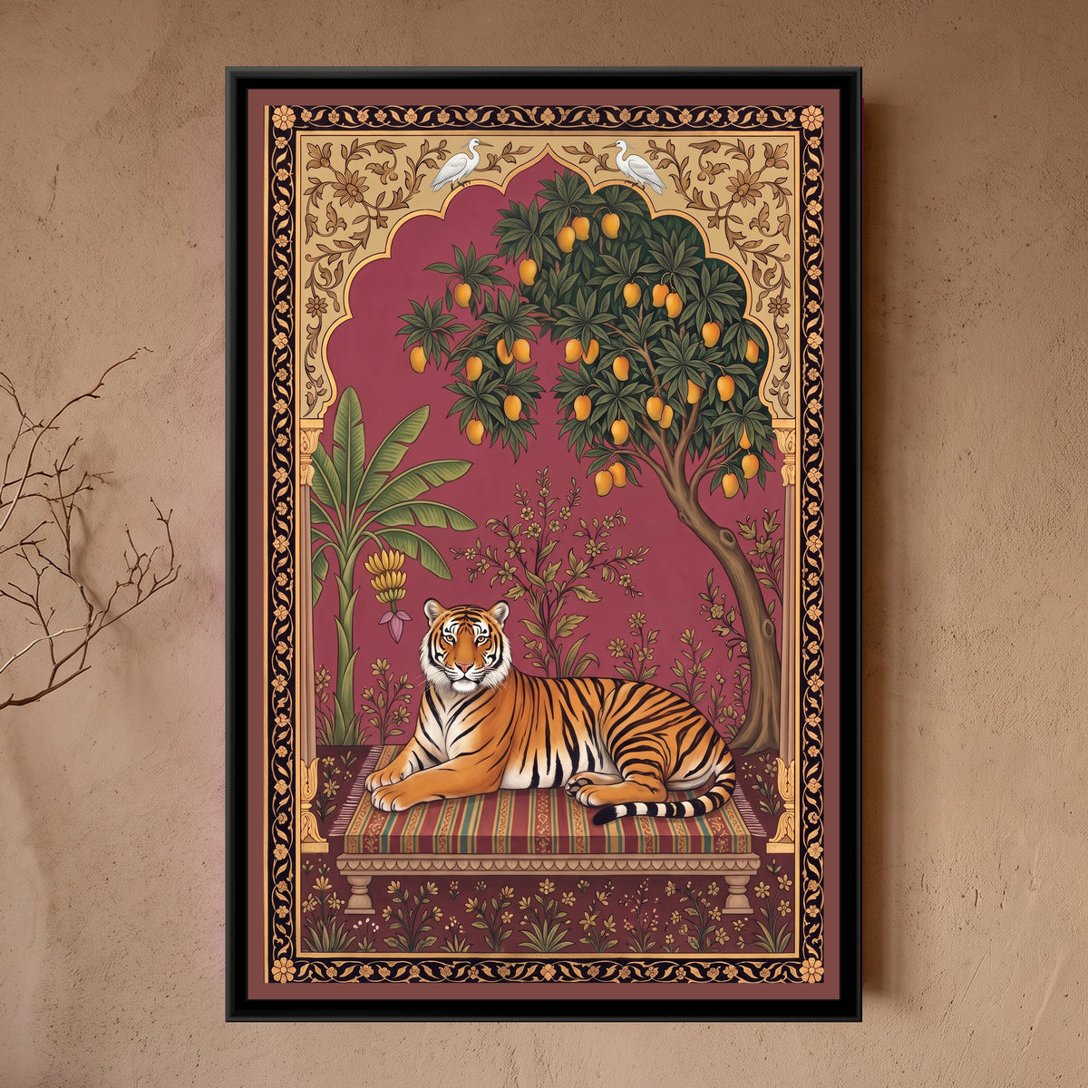 Bengal Tiger under a Mango-Tree Arch in Rose Madder - framed canvas art hung on a wall