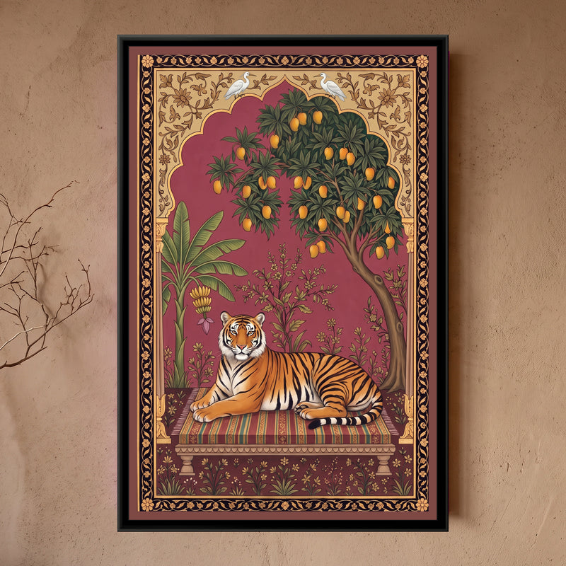 Bengal Tiger under a Mango-Tree Arch in Rose Madder - framed canvas art hung on a wall