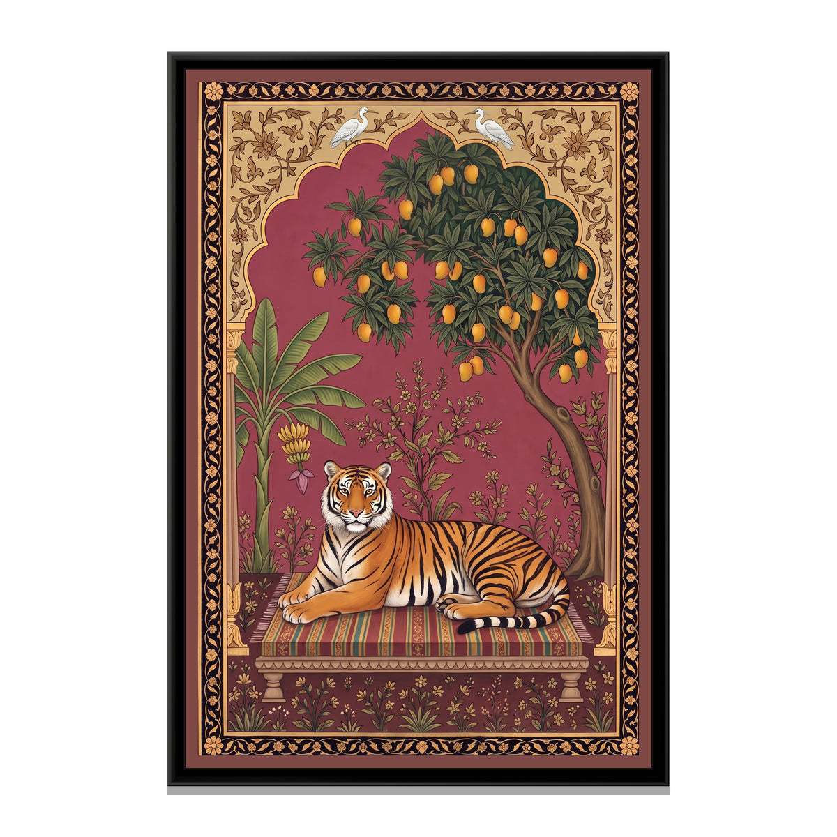 Bengal Tiger under a Mango-Tree Arch in Rose Madder - framed canvas print, front view